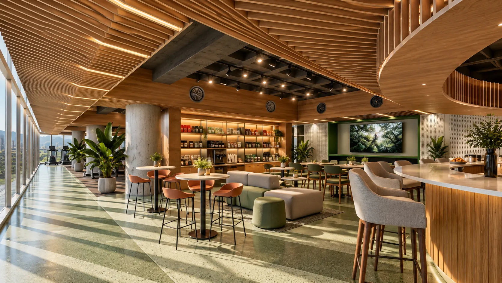 Ageless lounge and café with tables, greenery and city views
