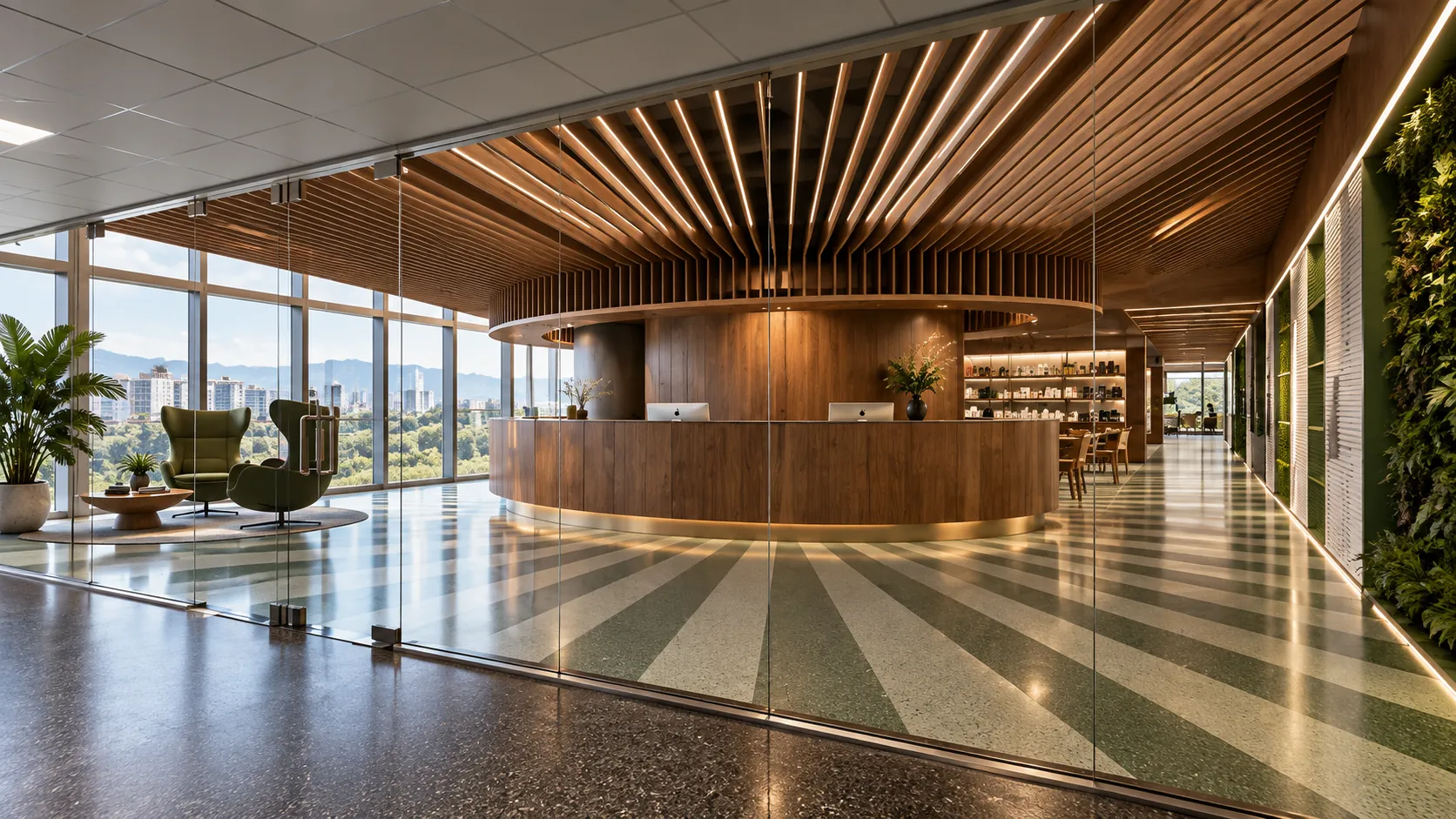 Ageless reception with a wooden desk and city views