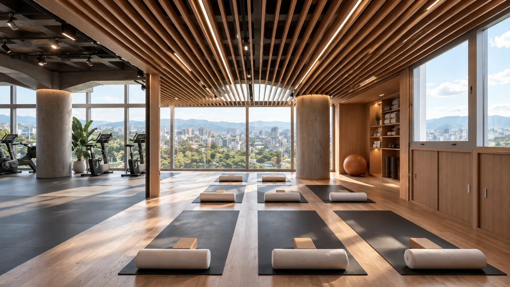 Mobility and recovery room with mats and city views